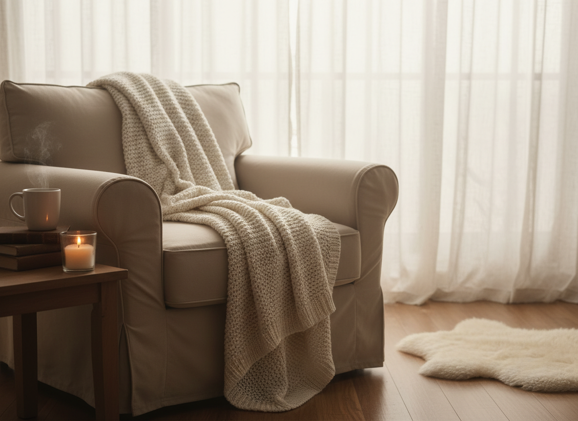 simple cozy full-width hero image with warm neutral tones and soft lighting, no text